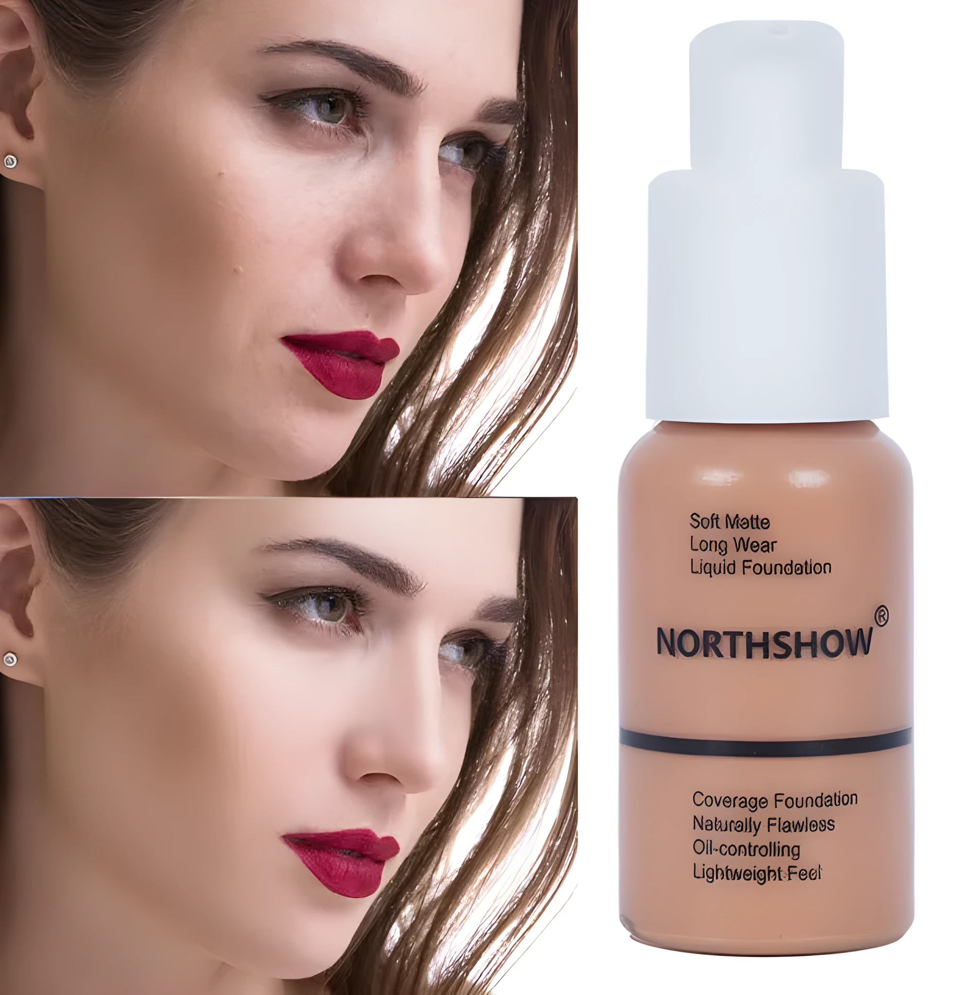 Oil control concealer foundation bottle 3.4cm x 3.4cm x 10cm with switch pump head, available in 6 shades from Porcelain to Honey