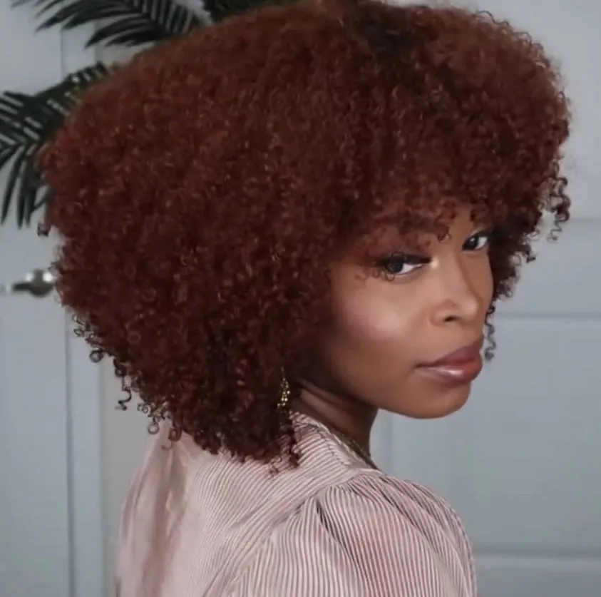 Short curly high temperature silk wig in reddish brown with Qi bangs for women, exotic European-American style