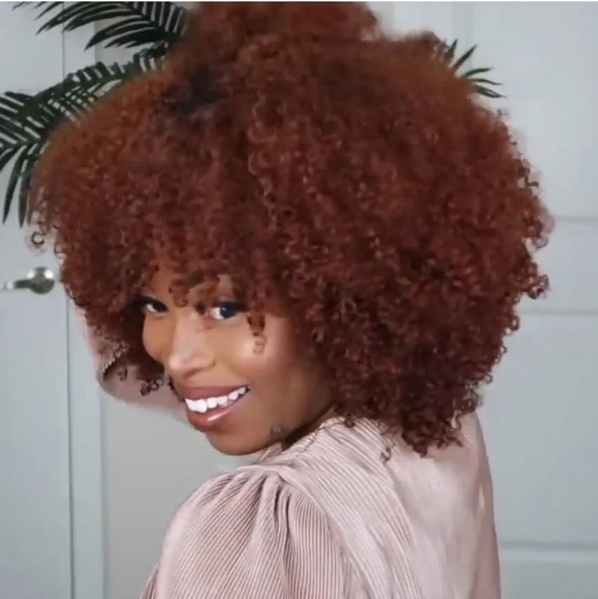 Short curly high temperature silk wig in reddish brown with Qi bangs for women, exotic European-American style