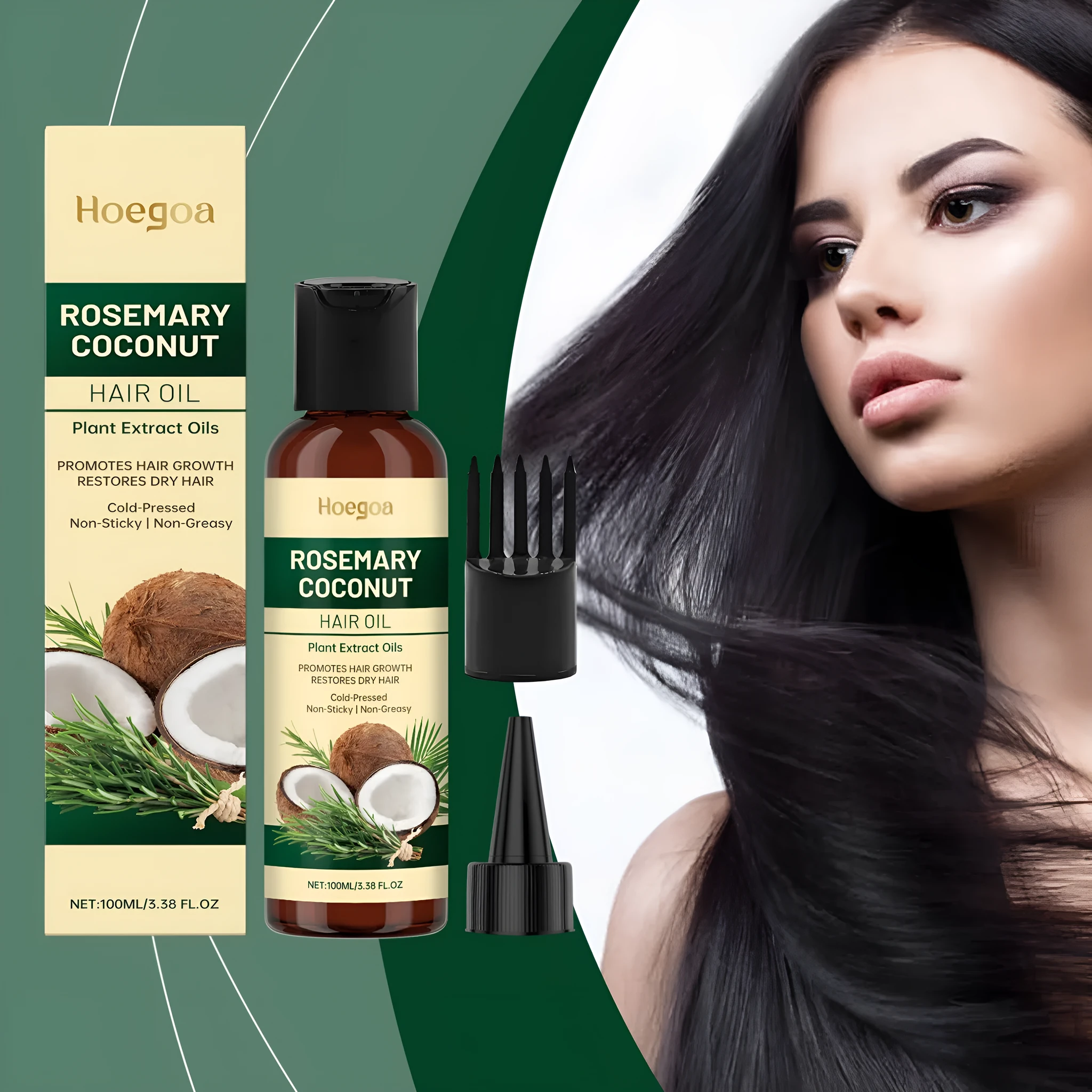 Rosemary coconut hair oil 100ml with squeeze head and comb head on white background
