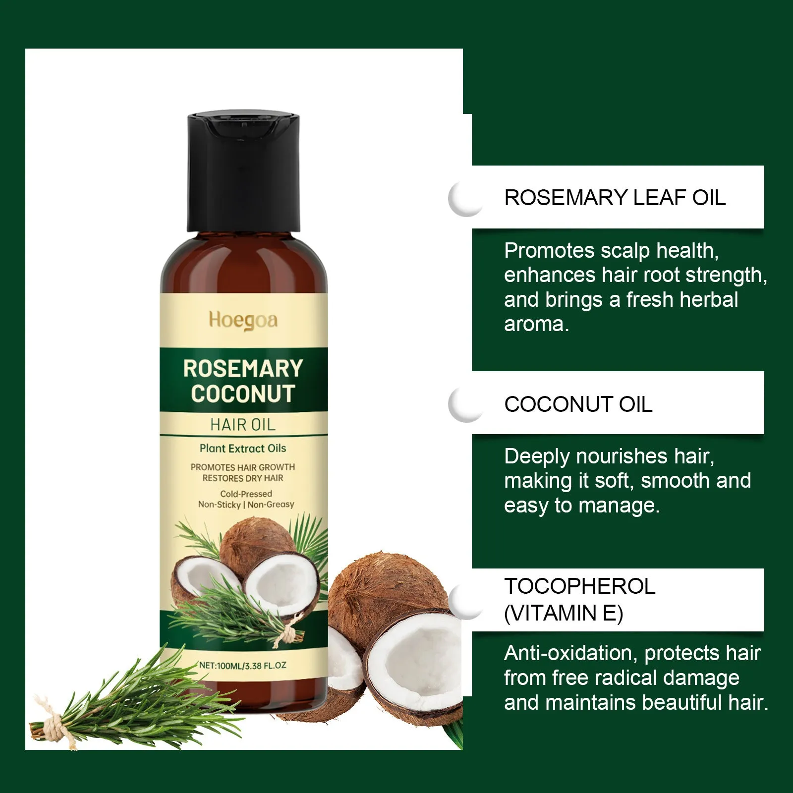 Rosemary coconut hair oil 100ml with squeeze head and comb head on white background