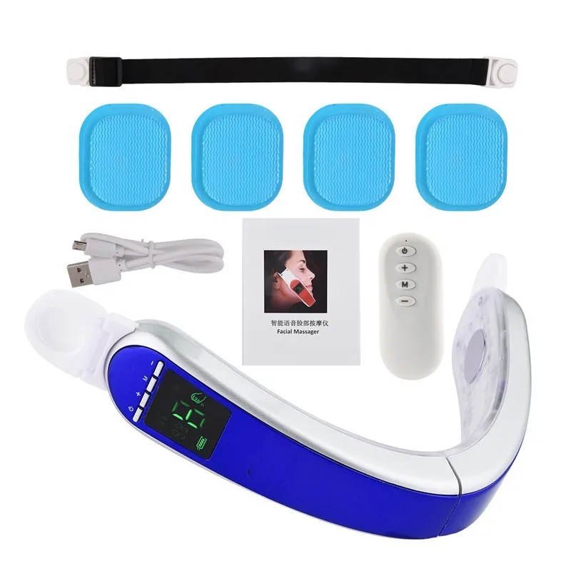 Infrared LED photon therapy V-shape face massager in blue with silicone sheet attached