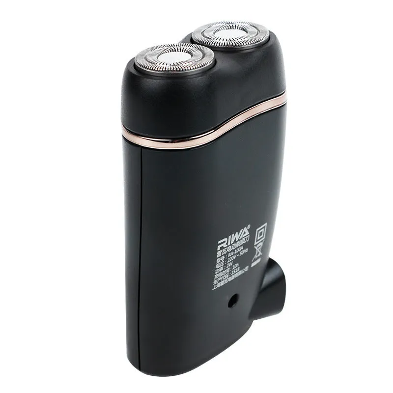 Black rechargeable electric razor with double-ring two-blade rotary shaver head on a white background