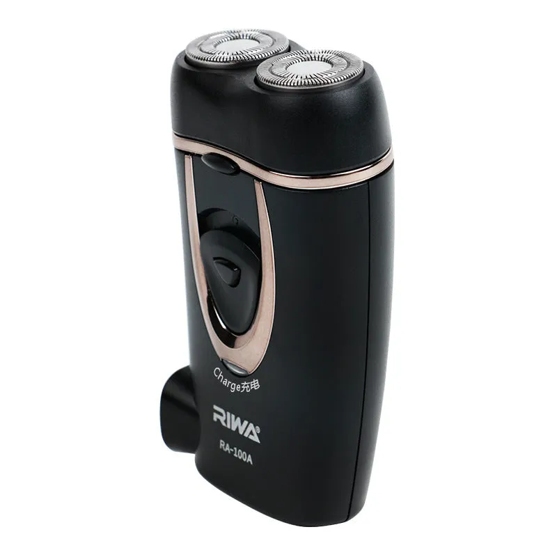Black rechargeable electric razor with double-ring two-blade rotary shaver head on a white background