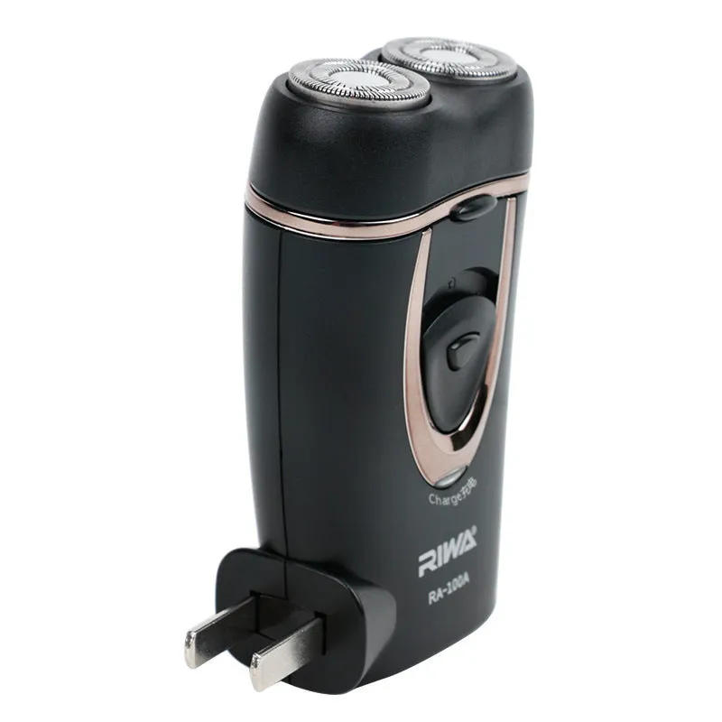 Black rechargeable electric razor with double-ring two-blade rotary shaver head on a white background