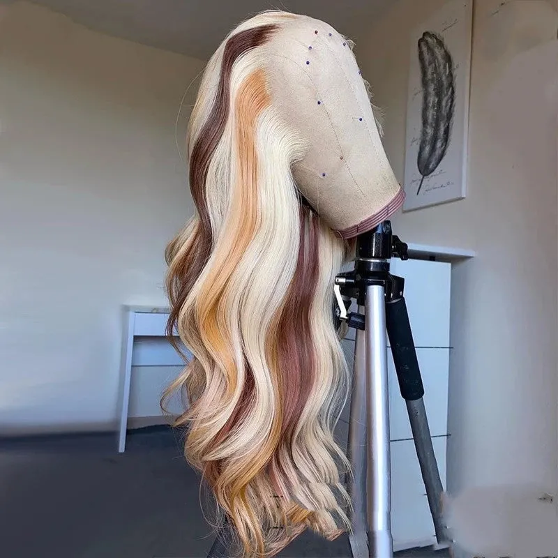100% human hair body wave lace front wig with blonde highlights, 13X4 lace front, on a mannequin head