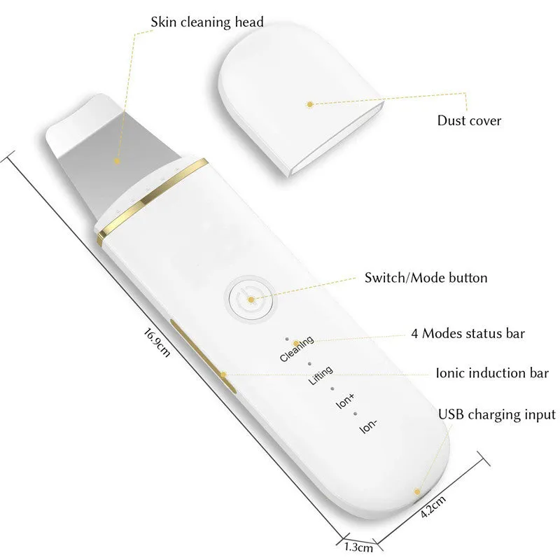 Pore cleansing facial device in golden finish with metal head, resting on a surface with USB cable
