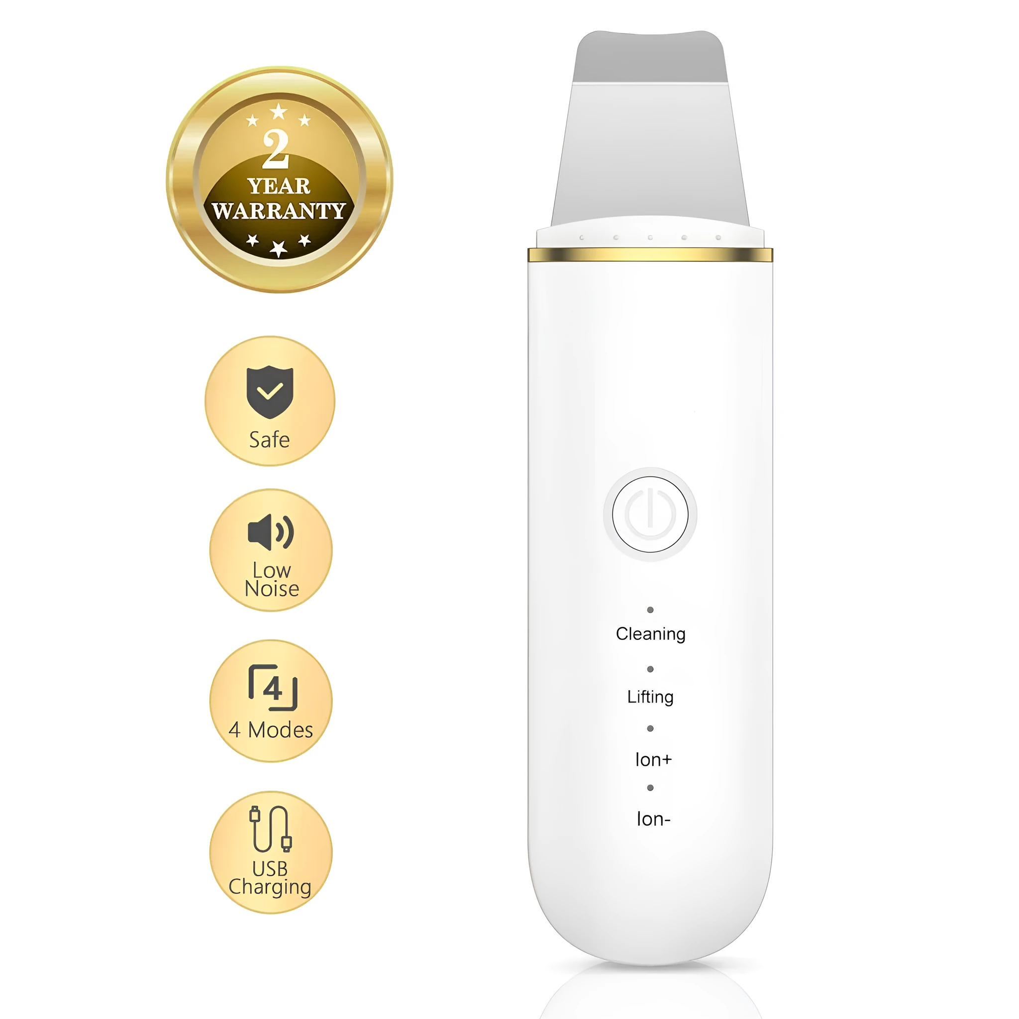 Pore cleansing facial device in golden finish with metal head, resting on a surface with USB cable