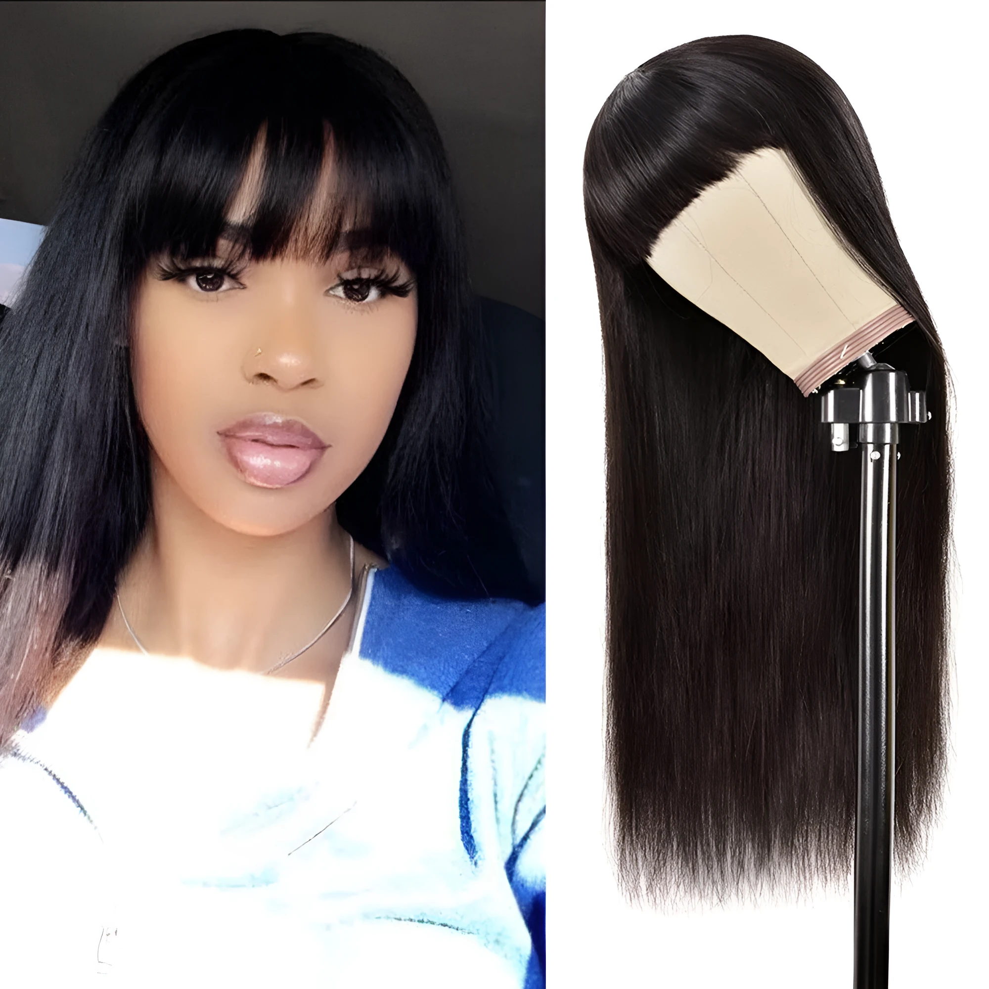Real human hair Qi bangs wig in black, mechanism construction, star fashion style