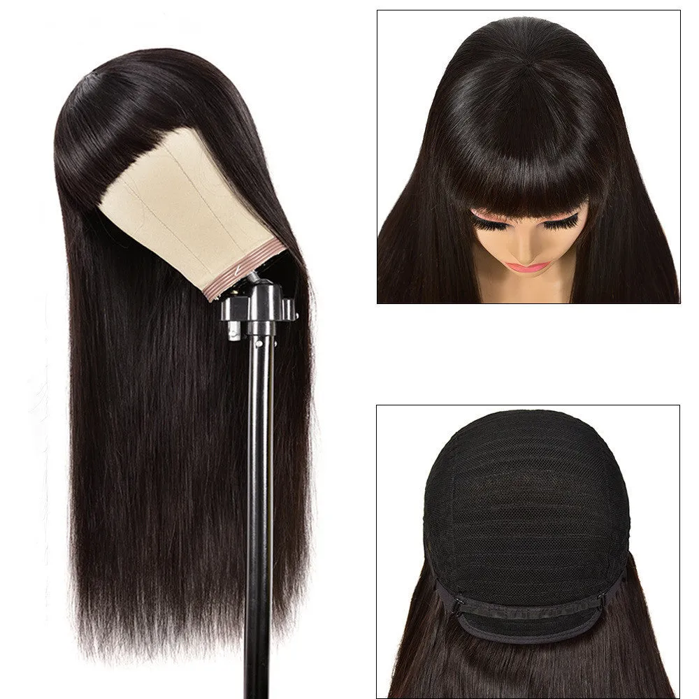 Real human hair Qi bangs wig in black, mechanism construction, star fashion style