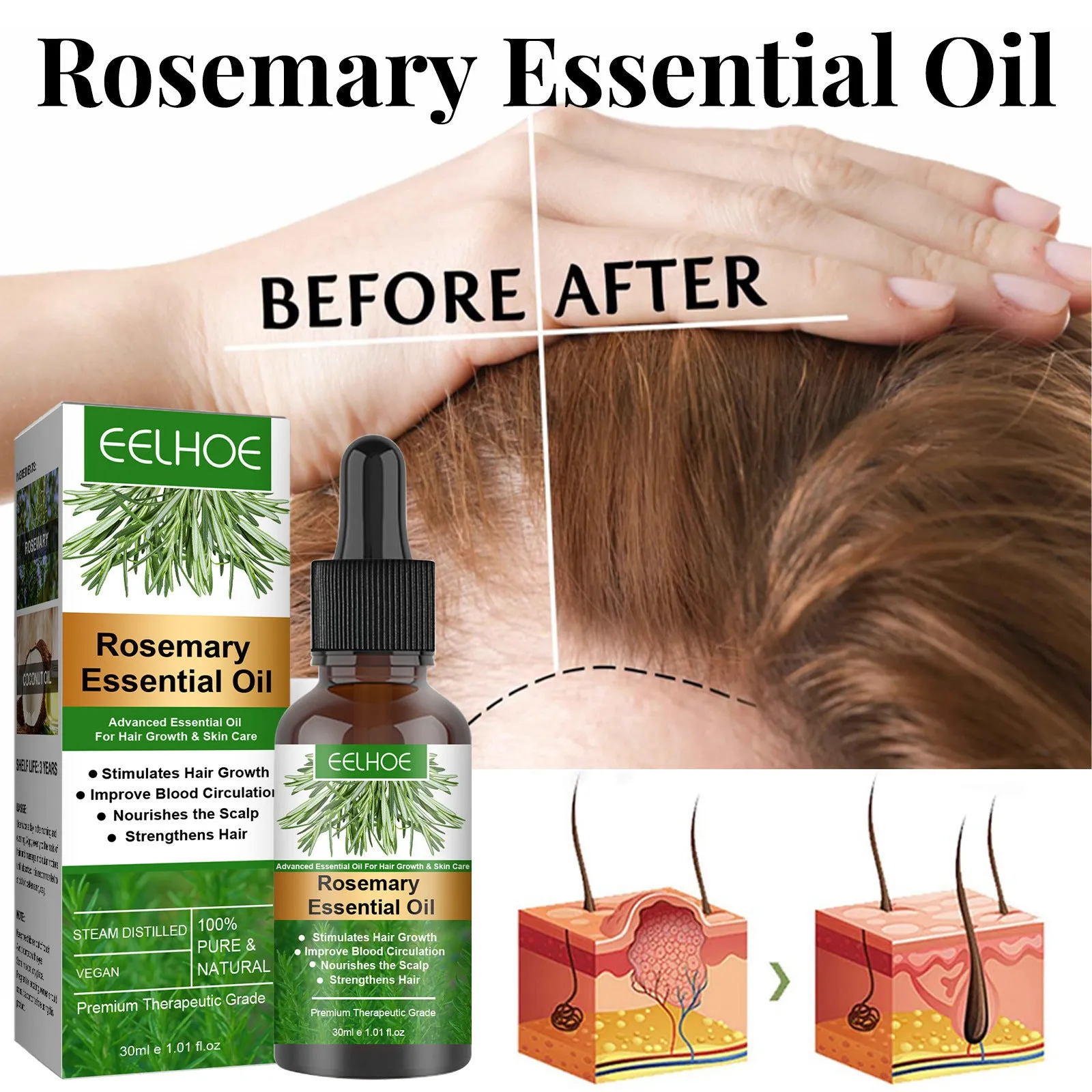 Rosemary hair care essential oil 30ml boxed bottle for anti-loss scalp treatment