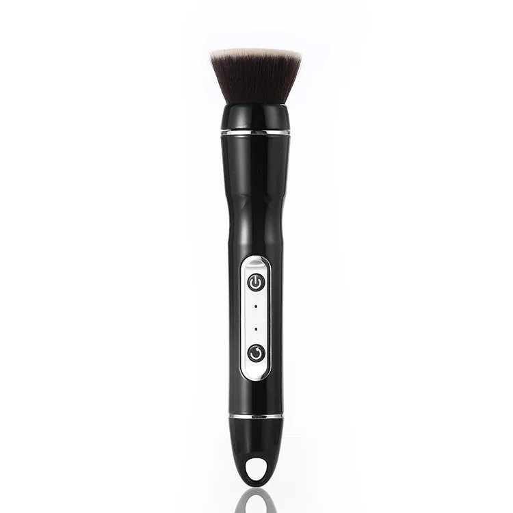 Electric makeup brush with white body, fibre wool bristles, and two rounded brush heads including foundation and blush applicators