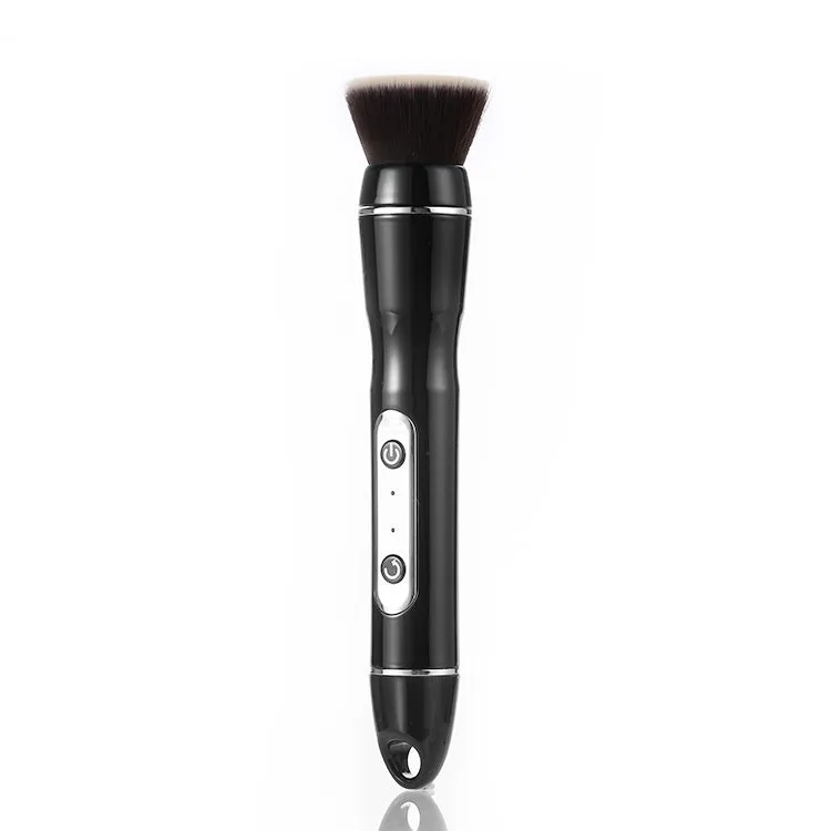 Electric makeup brush with white body, fibre wool bristles, and two rounded brush heads including foundation and blush applicators