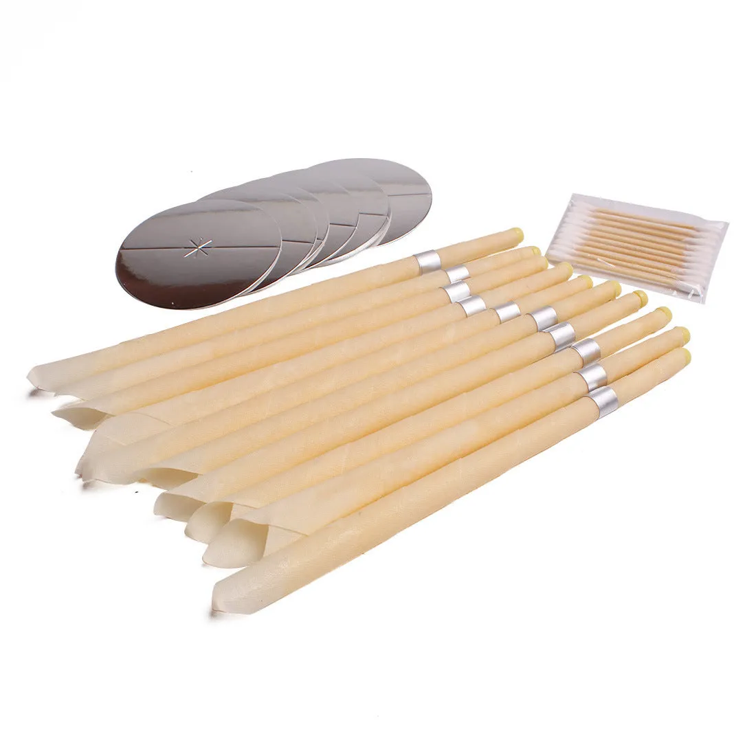 Natural beeswax ear candle for ear wax removal, conical shape, 23.5cm length, on a white background