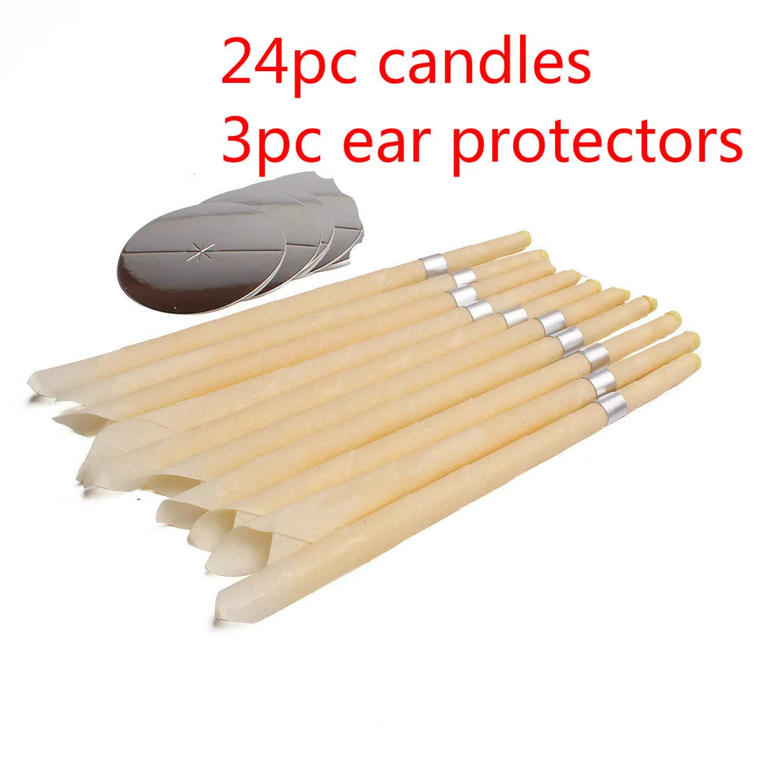 Natural beeswax ear candle for ear wax removal, conical shape, 23.5cm length, on a white background