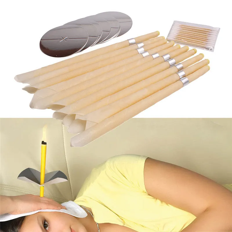 Natural beeswax ear candle for ear wax removal, conical shape, 23.5cm length, on a white background