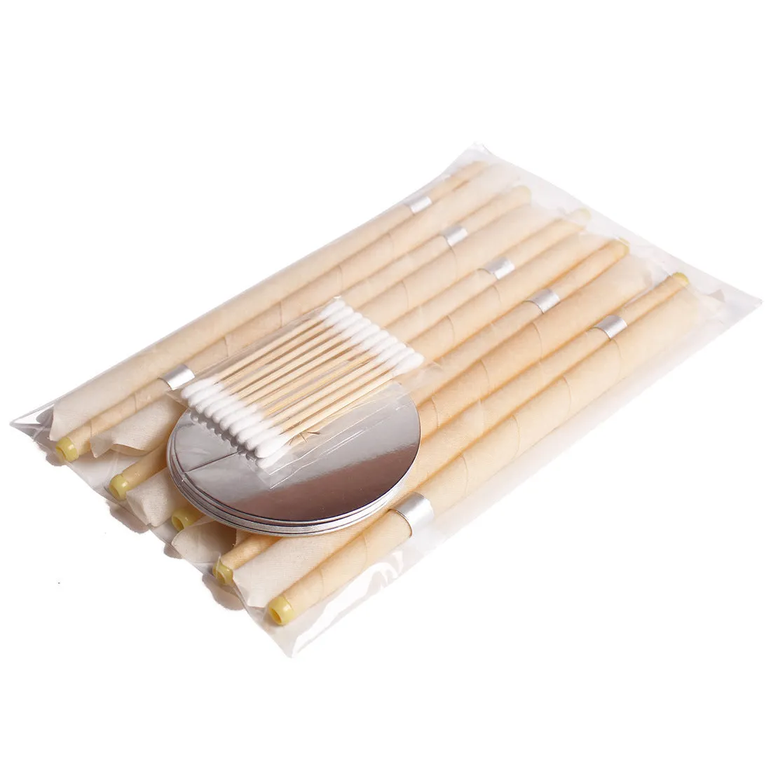 Natural beeswax ear candle for ear wax removal, conical shape, 23.5cm length, on a white background