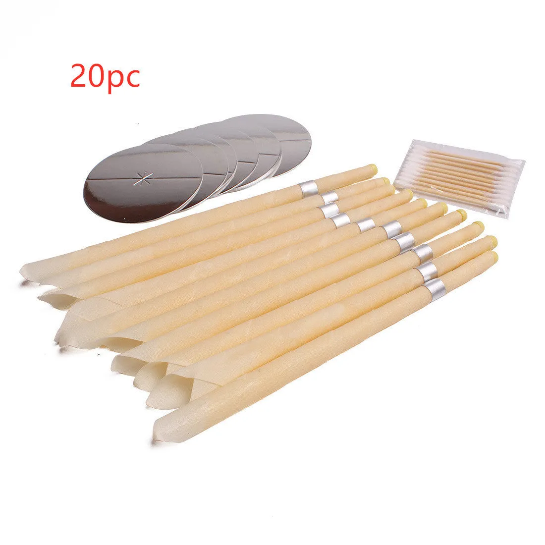 Natural beeswax ear candle for ear wax removal, conical shape, 23.5cm length, on a white background