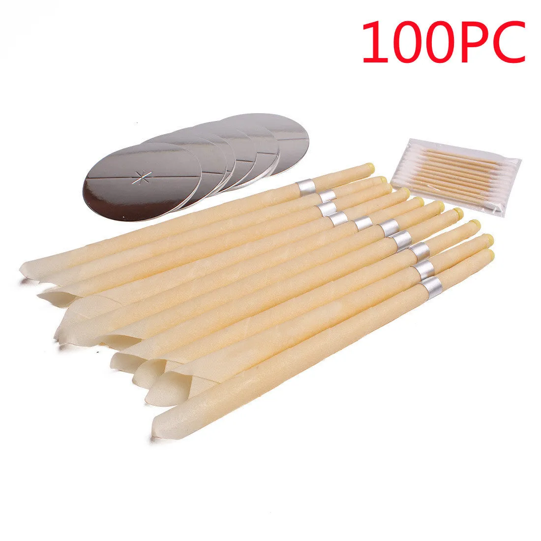 Natural beeswax ear candle for ear wax removal, conical shape, 23.5cm length, on a white background