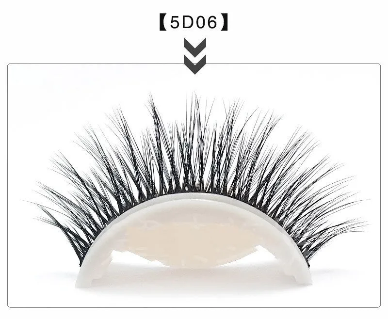 Five glue-free self-adhesive false eyelashes in natural long style with chemical fibre, shown on a tray