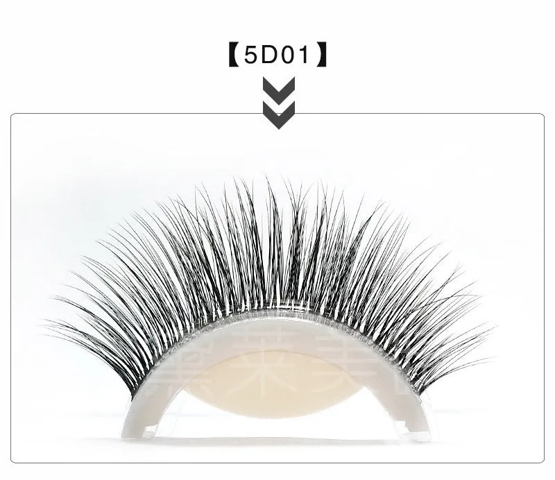 Five glue-free self-adhesive false eyelashes in natural long style with chemical fibre, shown on a tray