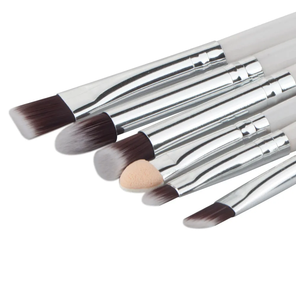 6-piece eye makeup brush set with wood handle and nylon bristles in black, green black, purple black, and white options