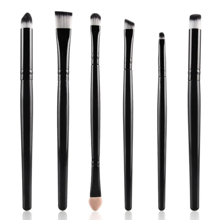 6-piece eye makeup brush set with wood handle and nylon bristles in black, green black, purple black, and white options