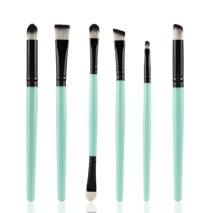 6-piece eye makeup brush set with wood handle and nylon bristles in black, green black, purple black, and white options