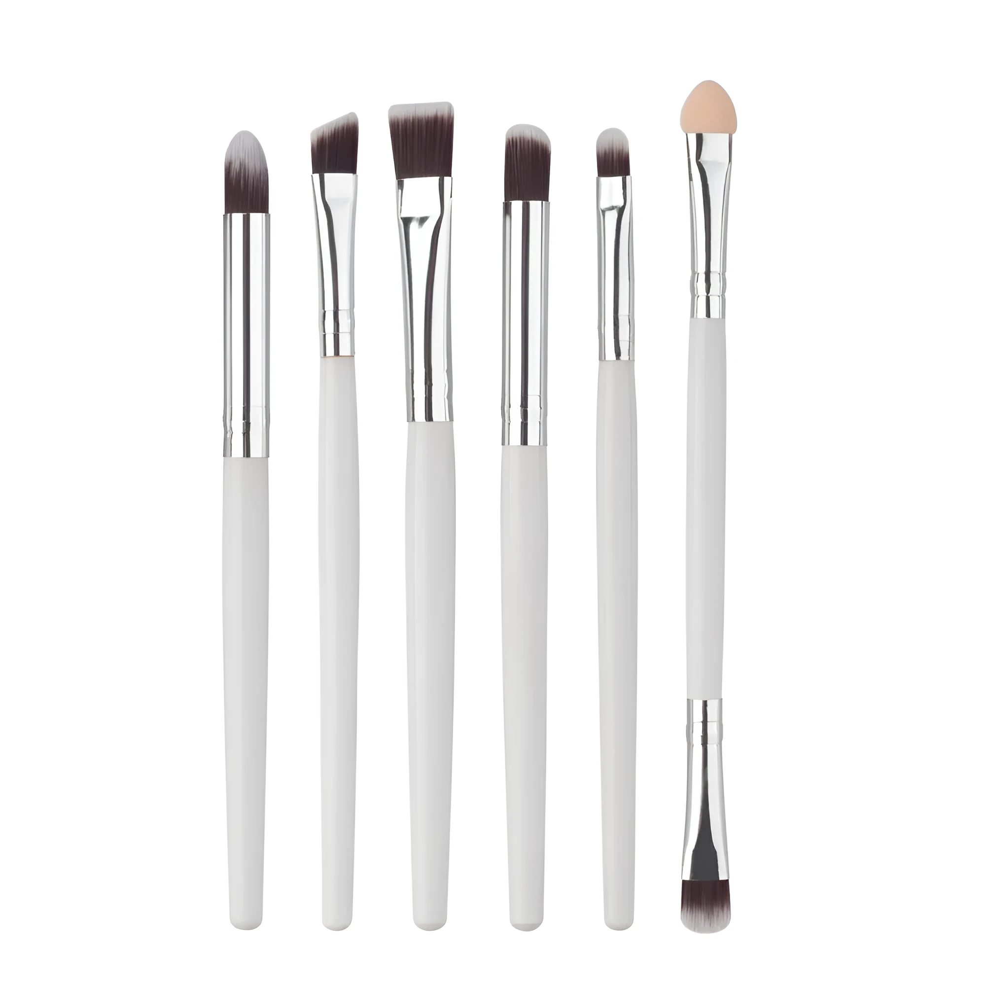 6-piece eye makeup brush set with wood handle and nylon bristles in black, green black, purple black, and white options