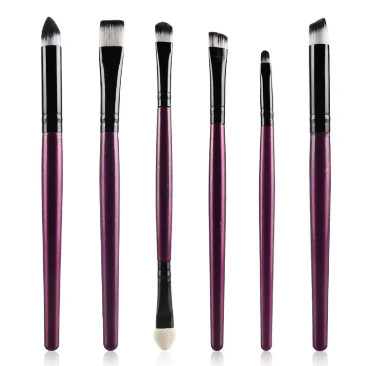6-piece eye makeup brush set with wood handle and nylon bristles in black, green black, purple black, and white options