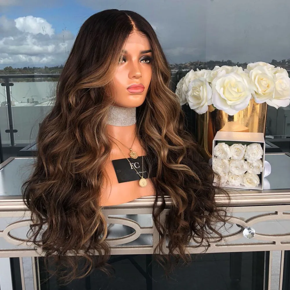 Long brown wig with high temperature wire hairline for natural look