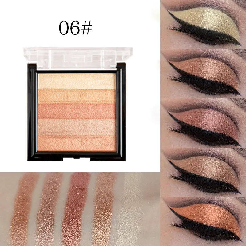 A compact highlighting eye shadow palette with six colour pans for contouring and brightening makeup.