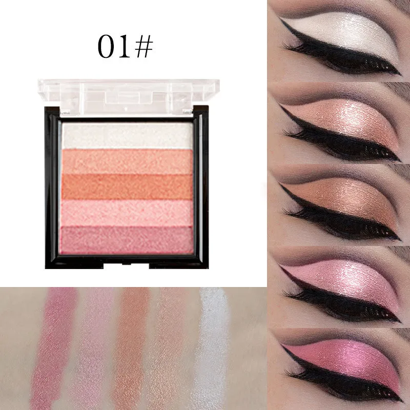 A compact highlighting eye shadow palette with six colour pans for contouring and brightening makeup.