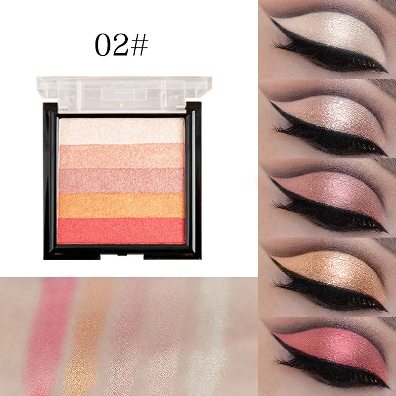 A compact highlighting eye shadow palette with six colour pans for contouring and brightening makeup.