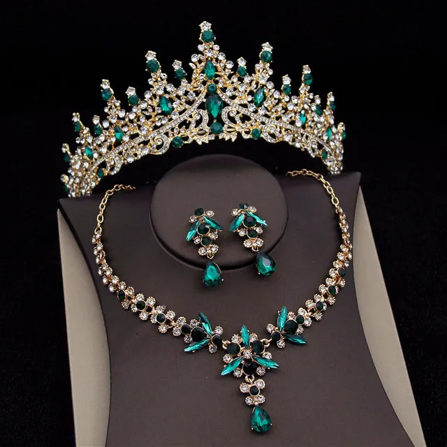 Royal Queen bridal crown necklace earring set made from zinc alloy and rhinestones in pink colour with green sandalwood
