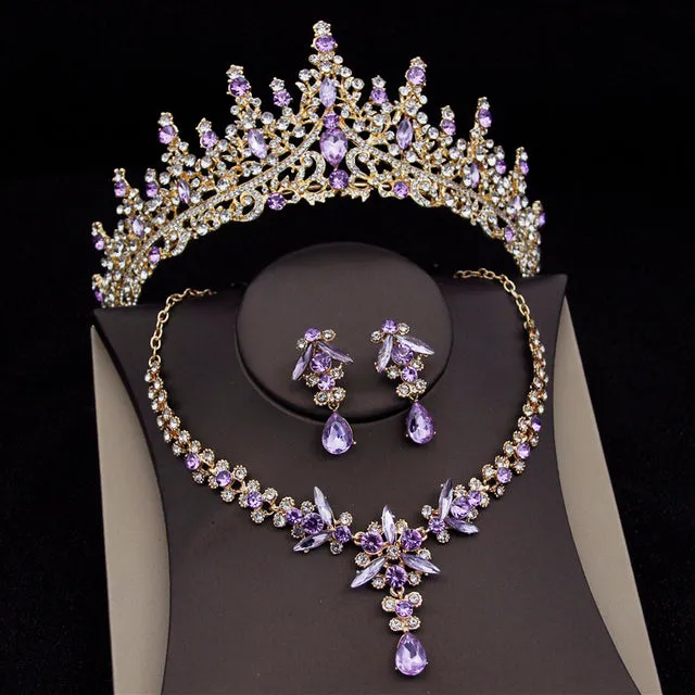 Royal Queen bridal crown necklace earring set made from zinc alloy and rhinestones in pink colour with green sandalwood