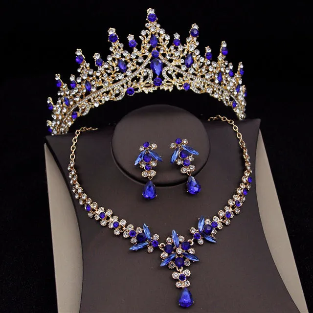 Royal Queen bridal crown necklace earring set made from zinc alloy and rhinestones in pink colour with green sandalwood
