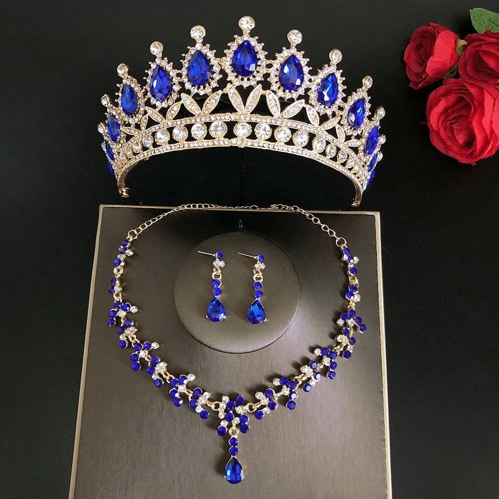 Royal Queen bridal crown necklace earring set made from zinc alloy and rhinestones in pink colour with green sandalwood