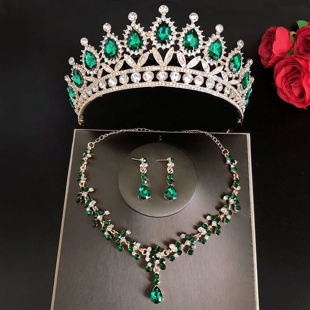 Royal Queen bridal crown necklace earring set made from zinc alloy and rhinestones in pink colour with green sandalwood