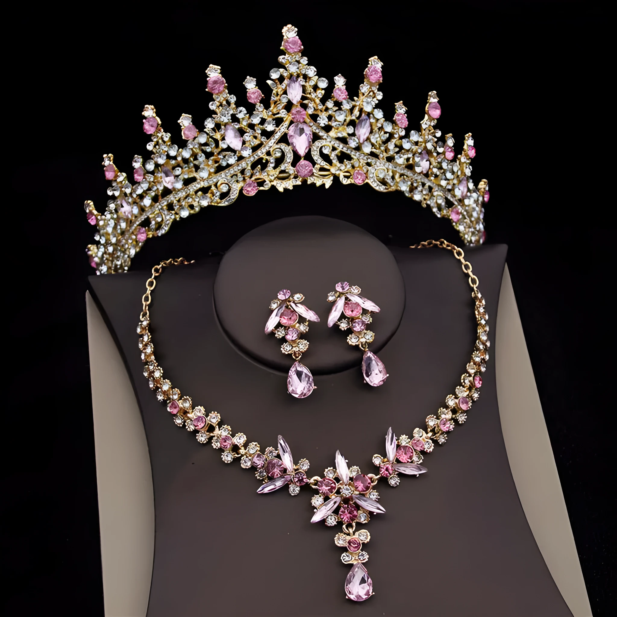 Royal Queen bridal crown necklace earring set made from zinc alloy and rhinestones in pink colour with green sandalwood