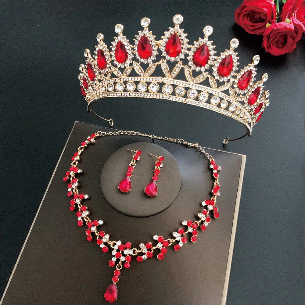 Royal Queen bridal crown necklace earring set made from zinc alloy and rhinestones in pink colour with green sandalwood