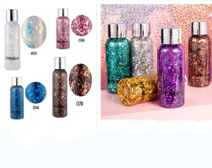 Chunky glitter body gel with laser sequins in a small pot, suitable for face hair nails and body decoration