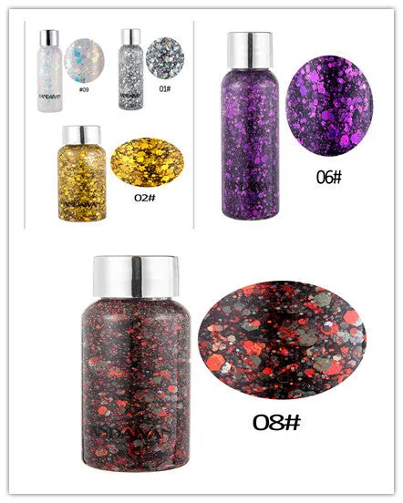 Chunky glitter body gel with laser sequins in a small pot, suitable for face hair nails and body decoration