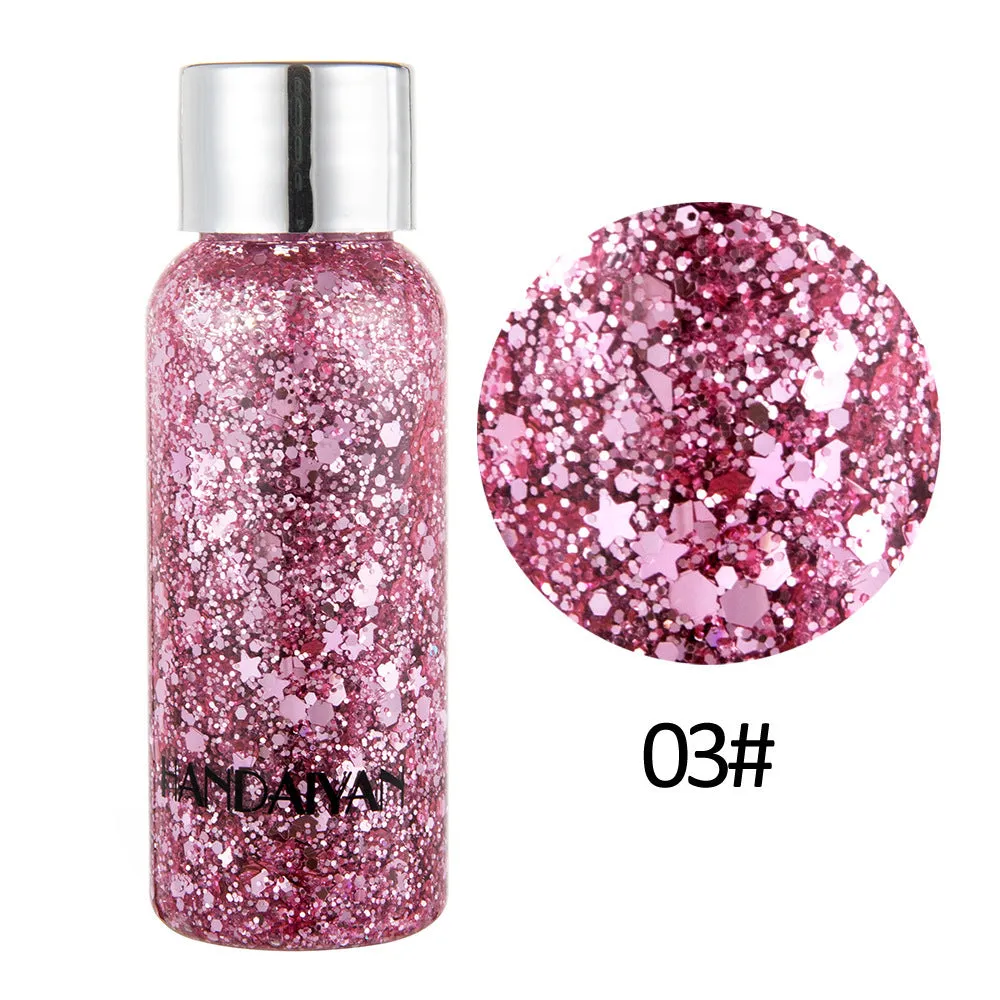 Chunky glitter body gel with laser sequins in a small pot, suitable for face hair nails and body decoration