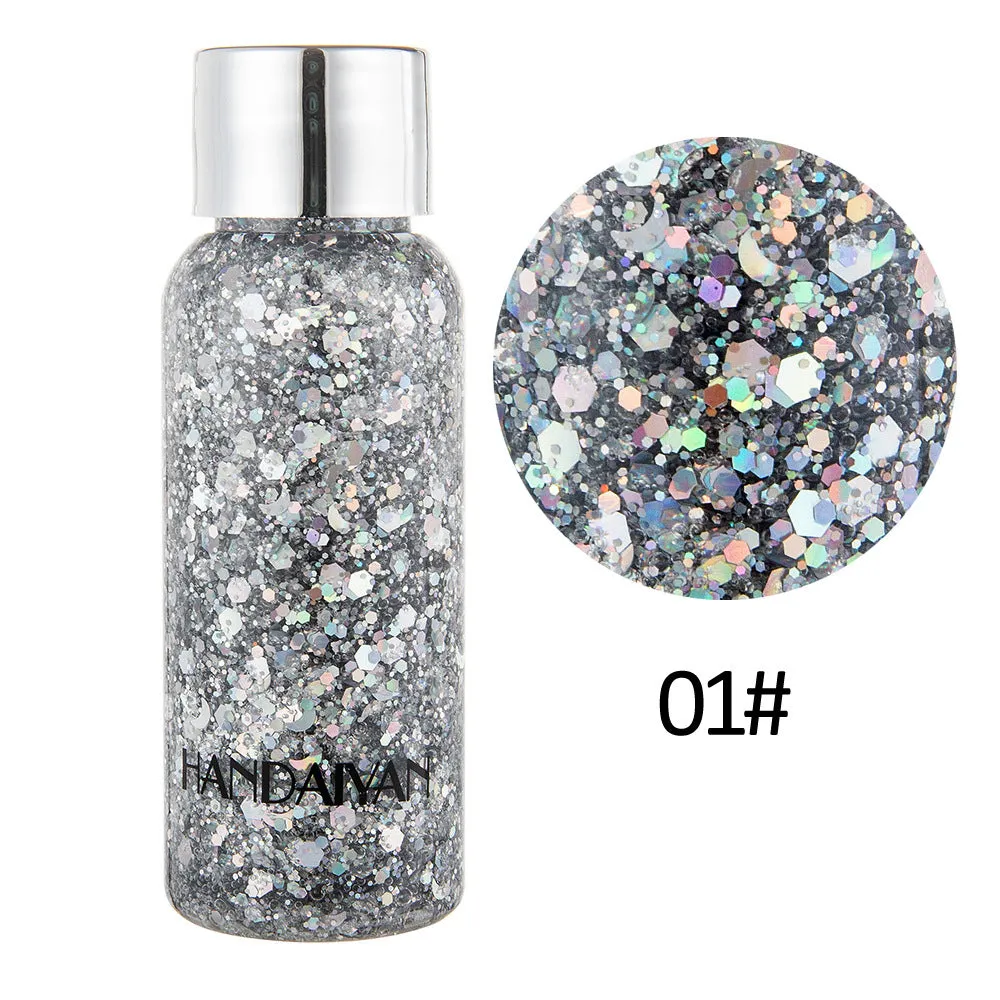 Chunky glitter body gel with laser sequins in a small pot, suitable for face hair nails and body decoration