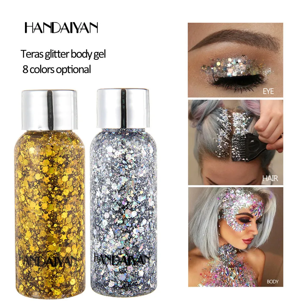 Chunky glitter body gel with laser sequins in a small pot, suitable for face hair nails and body decoration
