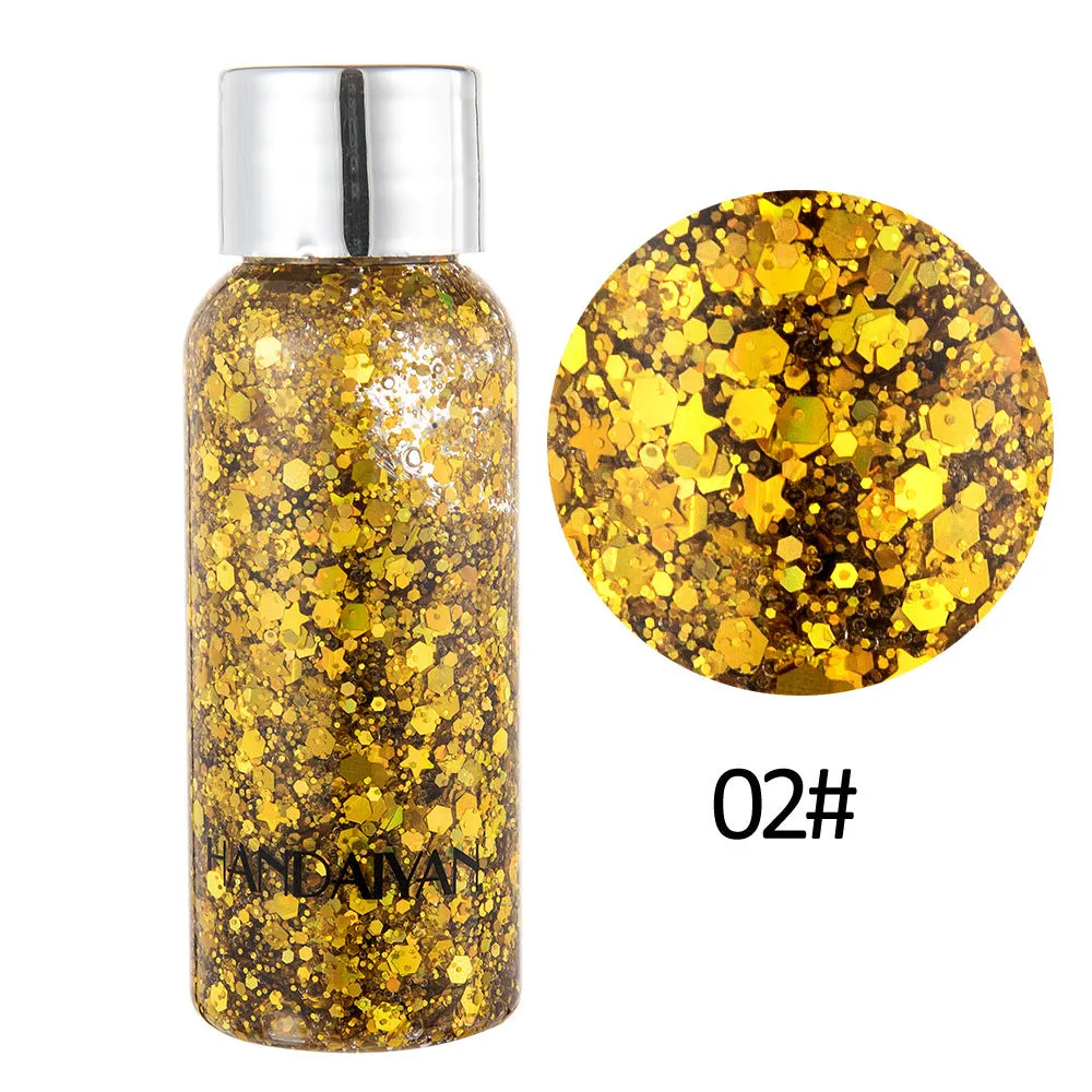 Chunky glitter body gel with laser sequins in a small pot, suitable for face hair nails and body decoration