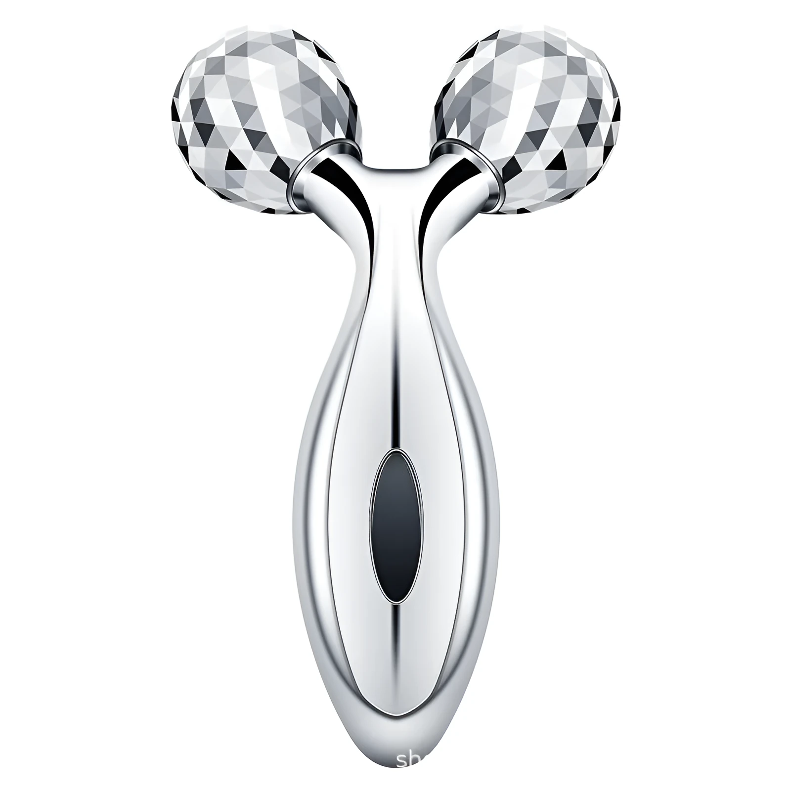 Silver body roller with ABS resin handle and stainless steel roller on white background, 135g manual massager