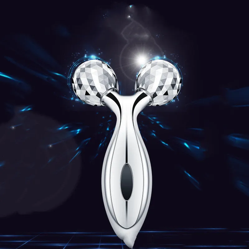 Silver body roller with ABS resin handle and stainless steel roller on white background, 135g manual massager