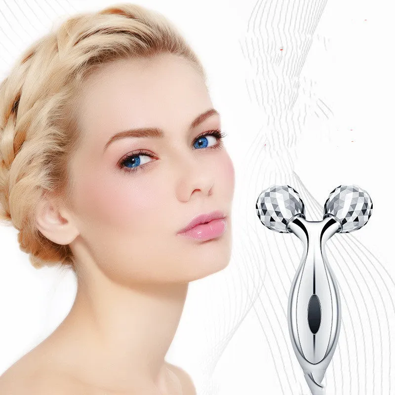 Silver body roller with ABS resin handle and stainless steel roller on white background, 135g manual massager